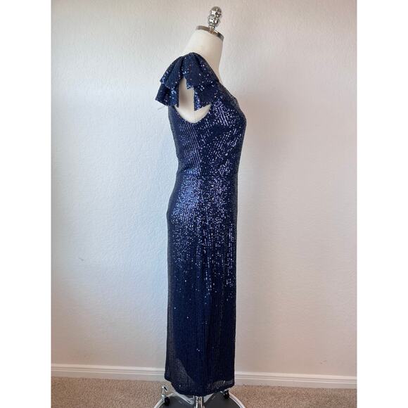 Ieena Duggal Sequined Bow Detail Midi Dress with High Slit Navy Blue size 2 - Picture 7 of 14